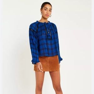 free people | honey grove buffalo check gauzy tassel blouse blue m